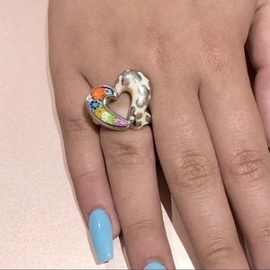 Italian Murano Millefiori glass Heart rhodium plated .925 Ring